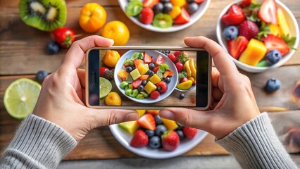 Woman hands with colorful beads hold a bowl of fresh fruit salad