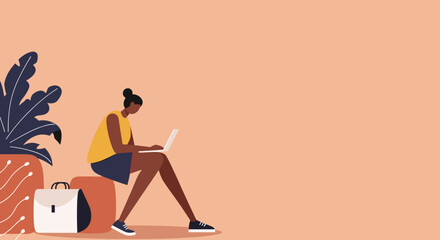 Relaxed woman sits, focused on her smartphone. Ideal for themes of digital communication, social media, online leisure, and modern connectivity.