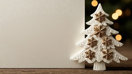 White Christmas Tree Ornament with Golden Snowflakes Beside Textured White Card and Warm Light Spots
