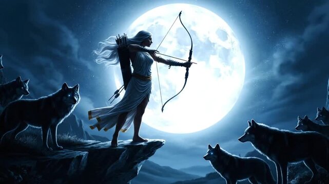 moon goddess archer with wolves at night