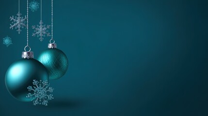 Two exquisitely decorated Christmas balls, one dark blue with snowflake and sequin decorations, the other turquoise with snowflake and gold accents, placed in front of a dark background, creating a fe