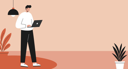 Modern man working on a laptop in a minimalist home office setting. Ideal for business, remote work, online education, or technology themes.