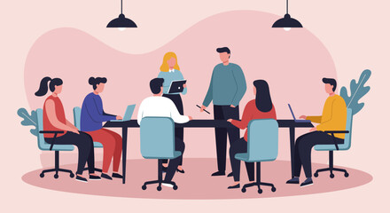 Diverse business team collaborating in a modern office meeting, discussing strategies and ideas. Perfect for corporate, teamwork, or startup themes.