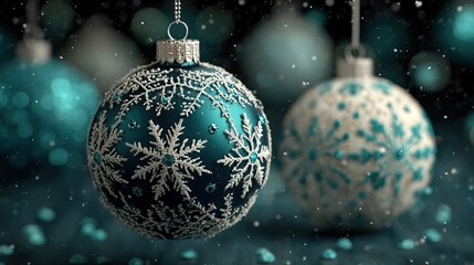Two exquisitely decorated Christmas balls, one dark blue with snowflake and sequin decorations, the other turquoise with snowflake and gold accents, placed in front of a dark background, creating a fe