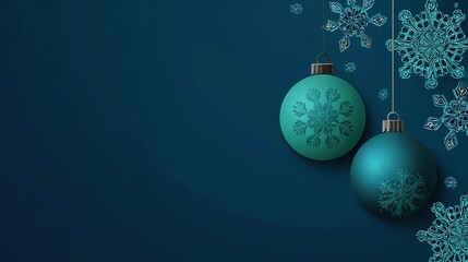 Two cyan Christmas balls with snowflake patterns hanging on dark blue background, surrounded by delicate snowflake decorations, creating a fresh and elegant Christmas atmosphere.
