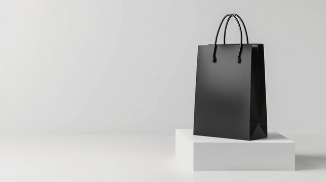 A matte black shopping bag with subtle branding, studio-lit on a white base, open text area on the left.