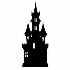 Obraz premium solid black vector silhouette of a haunted castle turret with broken windows, halloween theme, white background