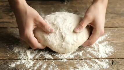 Close-up of hands kneading dough on a wooden table, preparing homemade bread or pastry.
