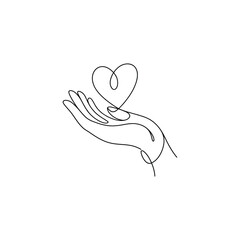 Single Line Artistry Hand Gently Holding a Heart Symbol of Love and Compassion