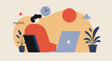 Modern illustration of a person focused on work using a laptop in a stylized home office. Ideal for remote work, productivity, online business, and digital learning concepts.