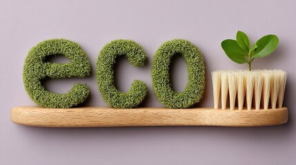 On a light purple background, a wooden toothbrush with "eco" letters made of green moss - like material on the bristle part, and a small tender green sprout growing from the bristles, conveying the co