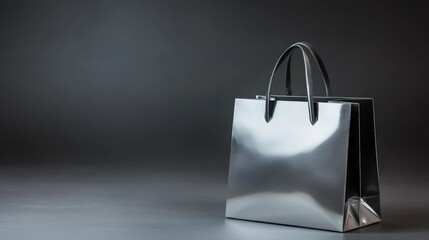 A metallic silver shopping bag reflecting studio lights, dark backdrop, copy space at the bottom, sleek design.