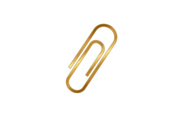 A close up view of a gold colored metal paperclip isolated on a plain white background in a studio shot