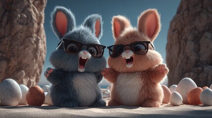 Two cute cartoon rabbits, one blue and one brown, both wearing black sunglasses, sitting on the sand with colorful Easter eggs scattered around, their mouths open as if interacting happily, creating a