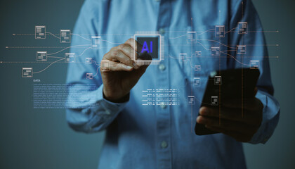 Businessman holding smartphone with AI automation for document management systems DMS digital...