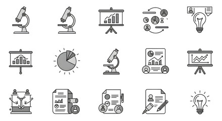 A versatile set of monochrome line icons illustrating concepts of business analytics, scientific research, and strategic planning