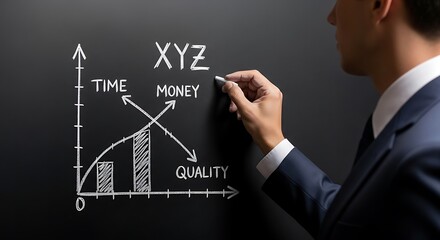 Business Professional Drawing a Quality, Time, and Money Relationship Chart on a Chalkboard