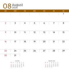 August 2026 Calendar. Week start on Sunday. Desk calendar 2026 design, simple and clean design, Wall calendar for print, digital calendar, Corporate design planner template vector.