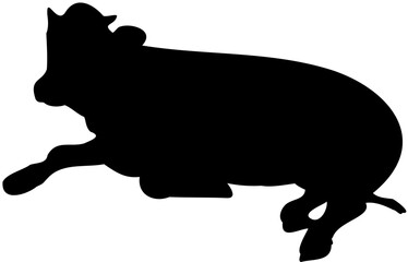 Calf silhouette lying down side view, young cow baby farm animal resting, livestock vector illustration, black outline bovine design, simple rural agriculture graphic art