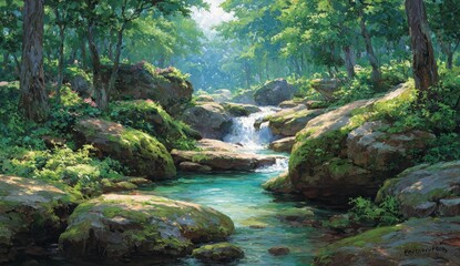 Sunny forest stream. Lush greenery, flowing water, and large rocks
