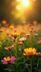 Fototapeta premium Golden light paints wildflowers with long shadows, creating a magical scene , landscape, sunset