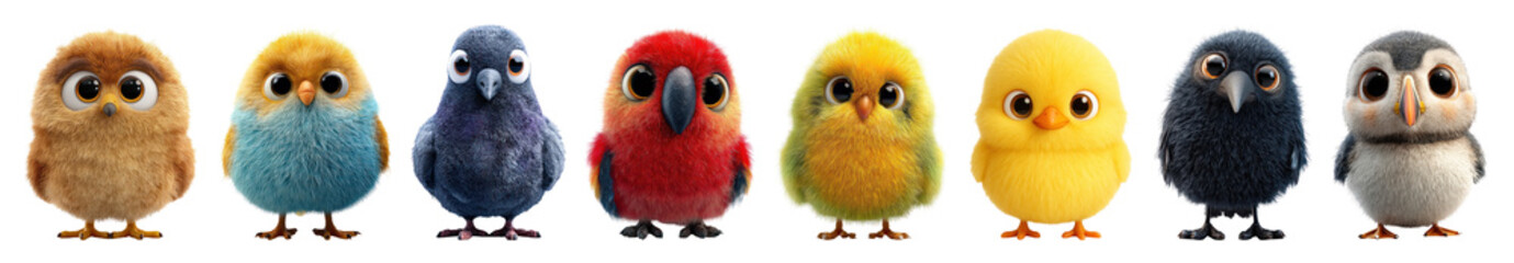 PNG Colorful fluffy cartoon birds, element set on transparent background