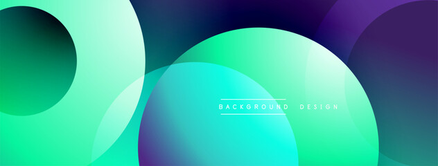 Abstract background features overlapping circles, vibrant turquoise, purple hues. Modern design, smooth gradients create dynamic visual effect.