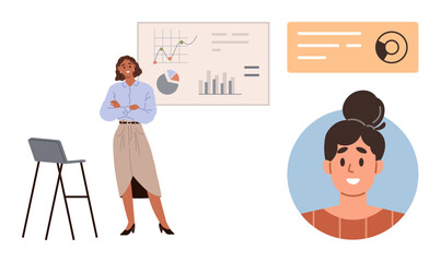 Businesswoman standing by chair, charts on screen, profile portrait icon. Ideal for business, analytics, data, leadership, education teamwork branding concepts. Simple flat metaphor
