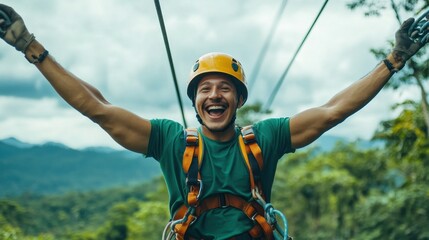 Joyful Man on Zipline Adventure in Lush Green Mountains