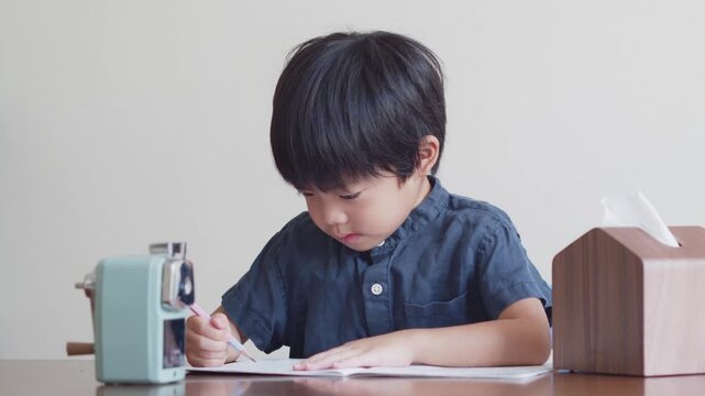 ひらがなのを書く練習をする5歳の男の子	