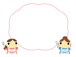 案内をするエプロン姿の女性　吹き出し