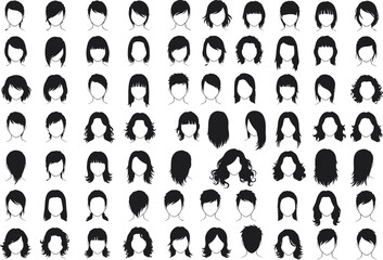 Collection of black silhouette female hairstyles and haircuts, vector icons set of woman hair styles, fashion beauty design elements for salons