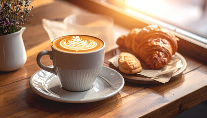 coffee, caf&eacute;, latte art, cappuccino, espresso, croissant, pastry, bakery, drink
