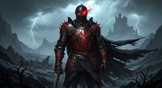 A dark, armored figure stands guard in a desolate, mountainous landscape, illuminated by dramatic lightning.