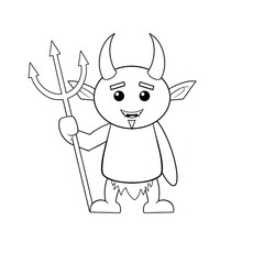 Cute demon devil with horns and a trident Halloween clip art hand drawn black and white 