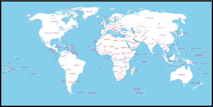 World map with regions labeled in red on a blue background.eps