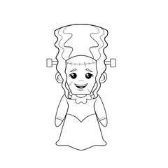 Bride of frankenstein monster with big hair, stitches, wearing a dress clip art hand drawn black and white 