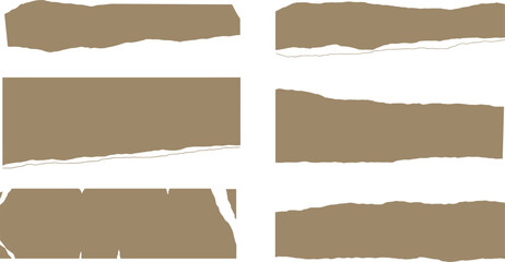 Six torn paper strips in tan shades on transparent background