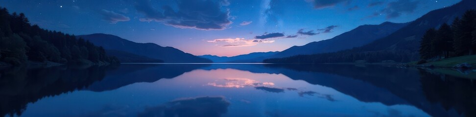 Fototapeta premium Serene lake, stars reflected, tranquil summer night , smooth, astro