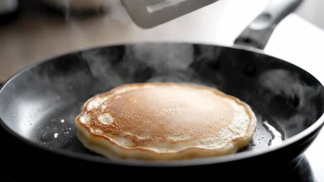 Flipping a golden pancake in a hot frying pan with a spatula, steam rising.