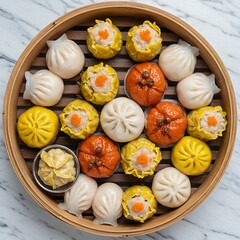  assorted Chinese dim sum on a round bamboo steamer. The composition features different shapes, sizes, and colors of dim sum, such as har gow, siu mai, and char siu bao,