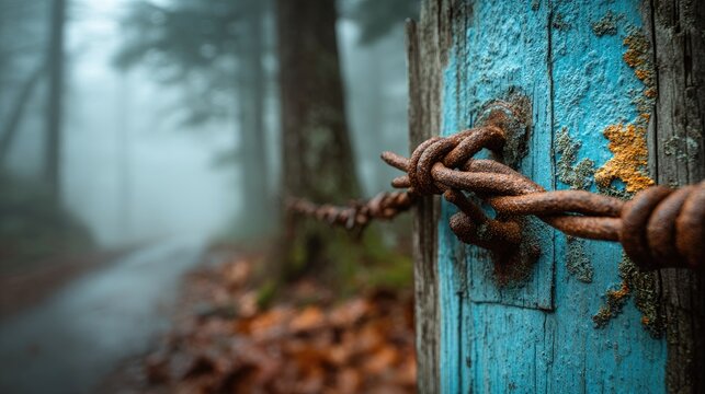 Rusty barbed wire on a weathered wooden post in a misty forest