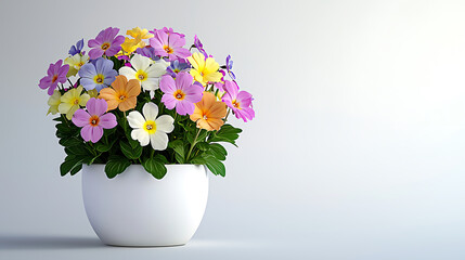 Fototapeta premium Vibrant arrangement of colorful primula flowers in white pot, showcasing mix of purple, yellow, and pink blooms, radiating joy and beauty