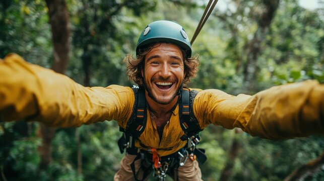 Smiling Man Takes Selfie on Zipline Through Rainforest