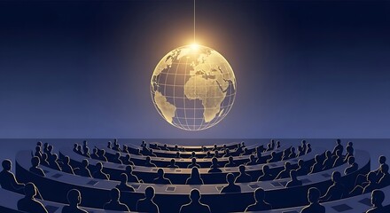 Illustration of a large group of people in a conference room with a globe above them.