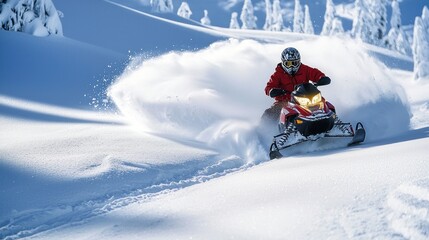 A snowmobile racing across an open, snow-covered field, leaving tracks in the fresh snow.