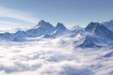 Obraz premium Snow-covered mountains with misty clouds below and clear blue sky above captured from elevated perspective emphasizing depth and of natural landscape