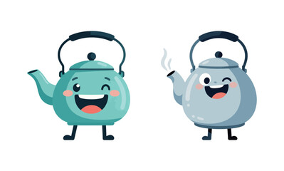 Cheerful cartoon teapots, one winking and another steaming, both with happy smiling faces and legs.