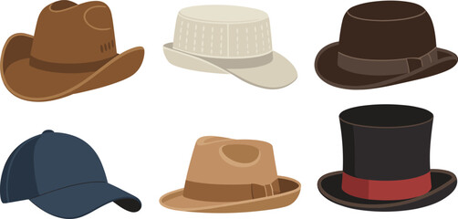 Color vector illustration of six stylish hats including cowboy, summer straw, bowler, baseball cap, fedora, and top hat with detailed modern design