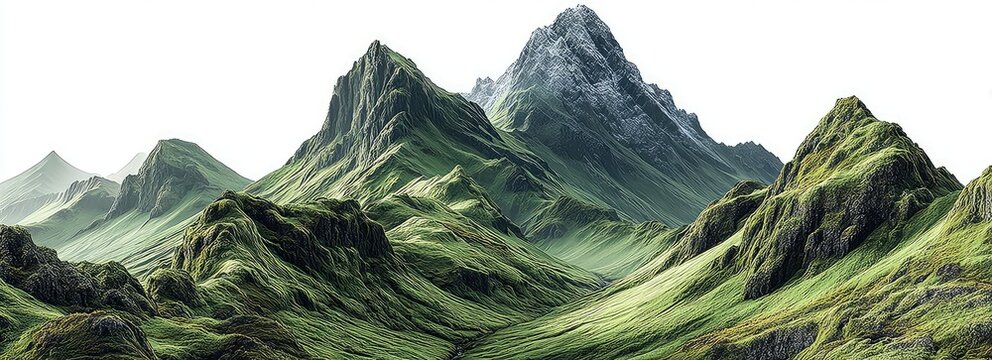 Lush green mountains rise against a white sky